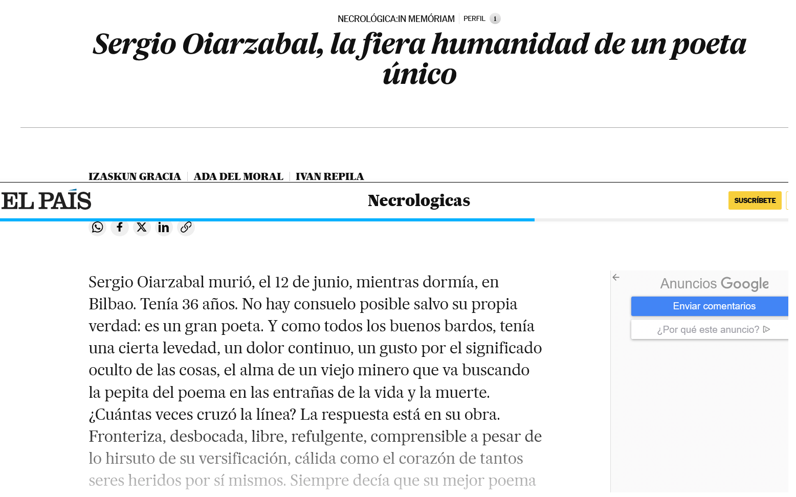 Sergio Oiarzabal, la fiera humanidad de un poeta único